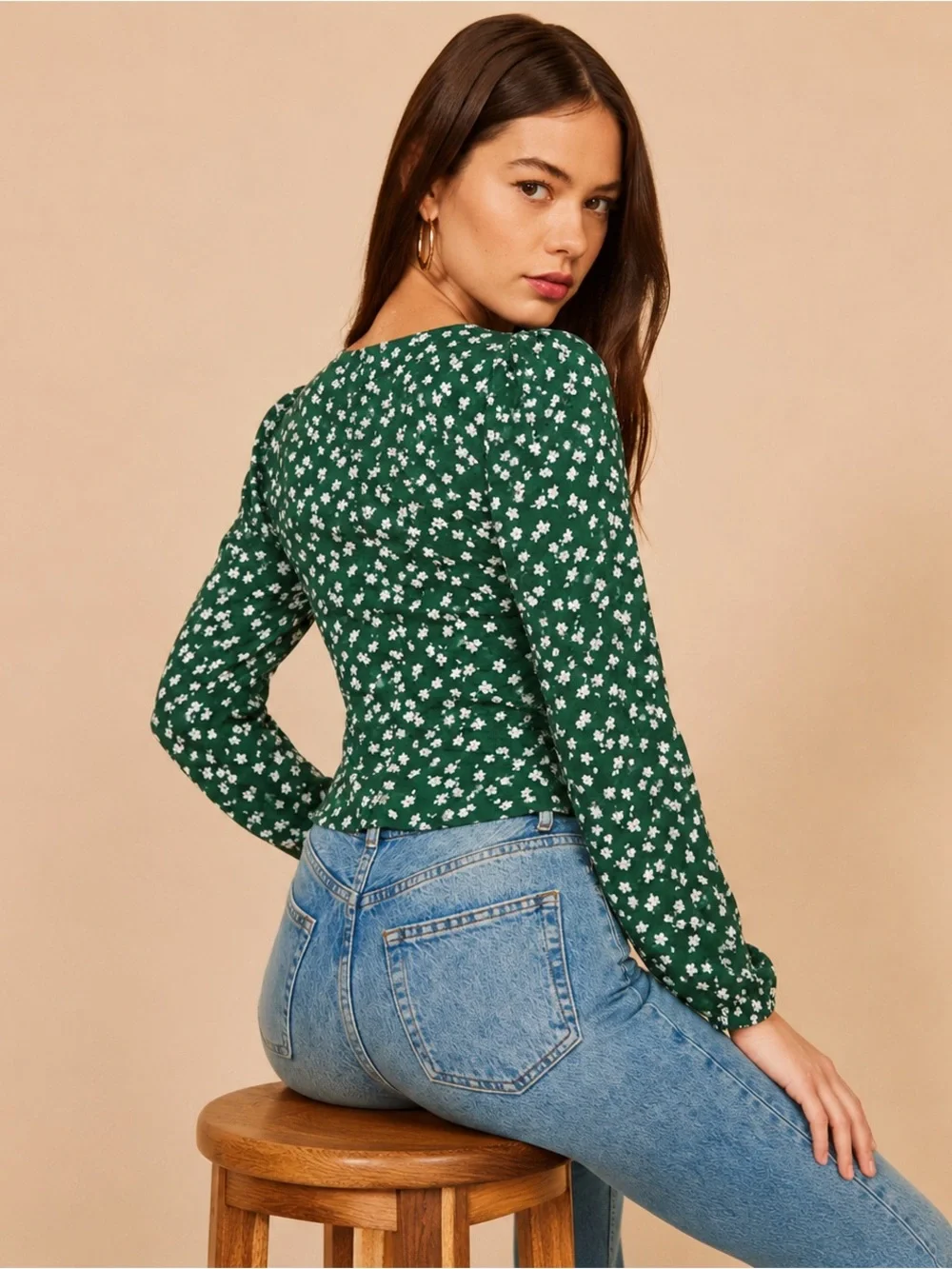 Reformation Nell Top Annette Green Floral Puff Sleeve Blouse S